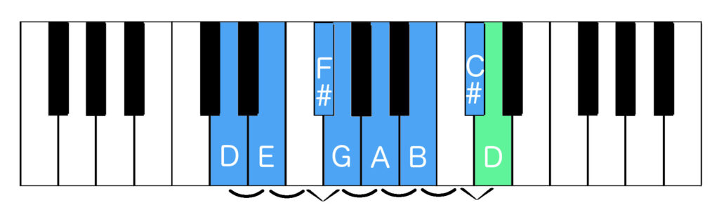 D major scale with tones and semitones indicated