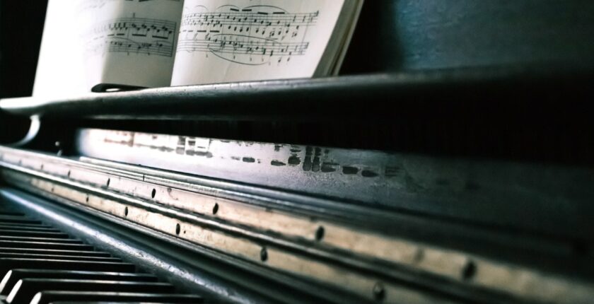Upper Structure Triads: Sheet music on black piano